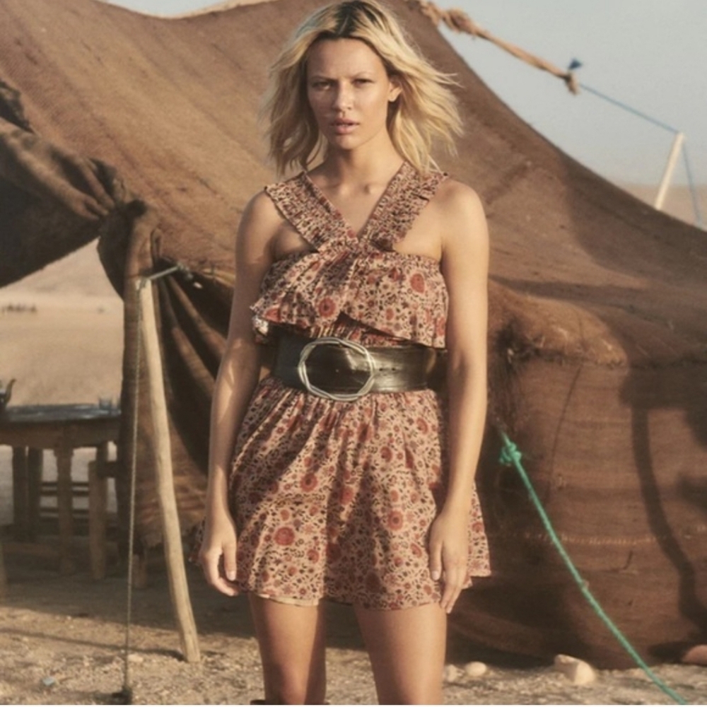 Spell Boho Floral Mini Dress in Brown and Cream